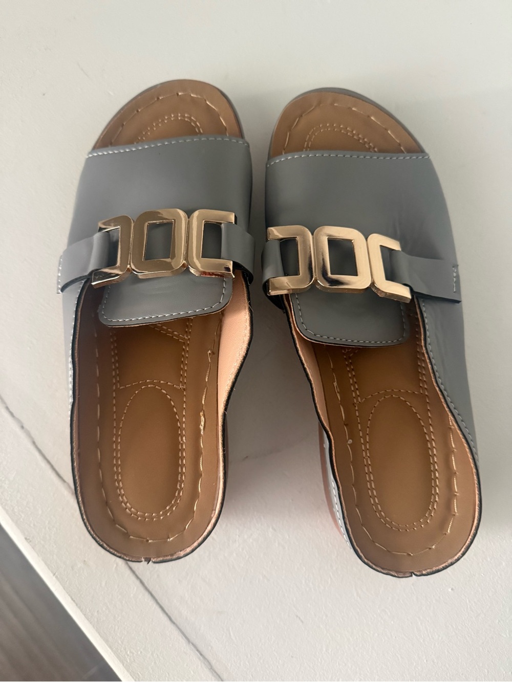 Women's Grey Slide Sandals with Gold Accent